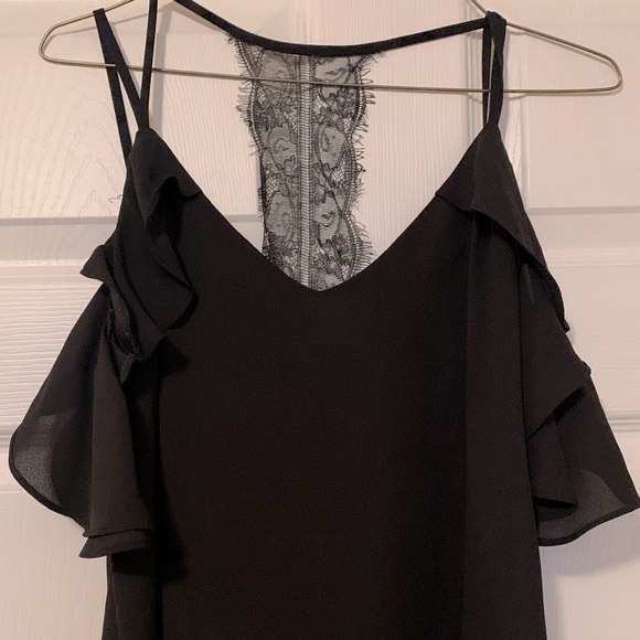 Black Ruffled Cold Shoulder Top w/ Lace Back Strip - Picture 2 of 4